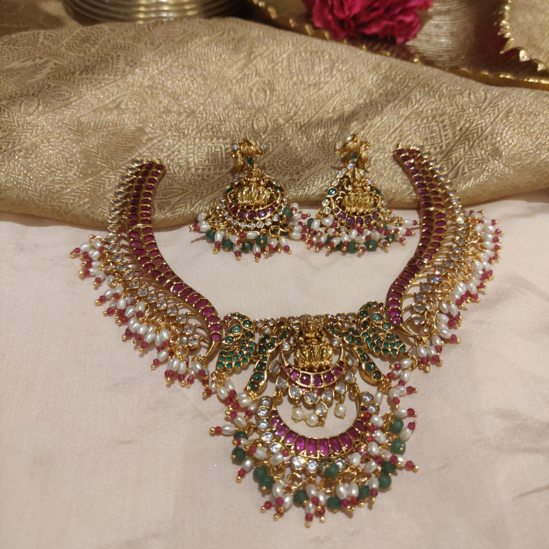 Exquisite Green Ruby AD Stone Lakshmi Necklace