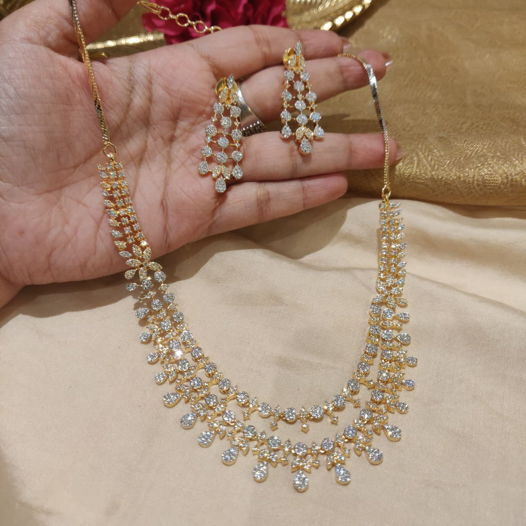 Elegant Floral 2 Layer Golden CZ Necklace