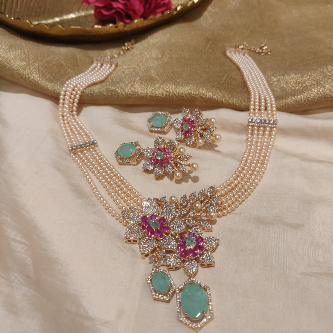 Alluring Rosepink Pearls Floral AD Stone Handcrafted Necklace