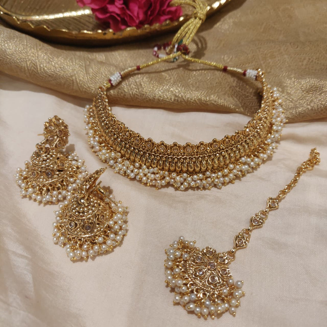 Timeless Bridal Golden white pearls Choker with Mangtika