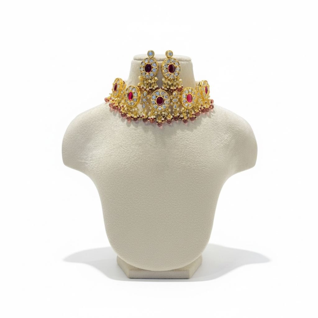 Elegant Kundan Stone Choker With Red Beads