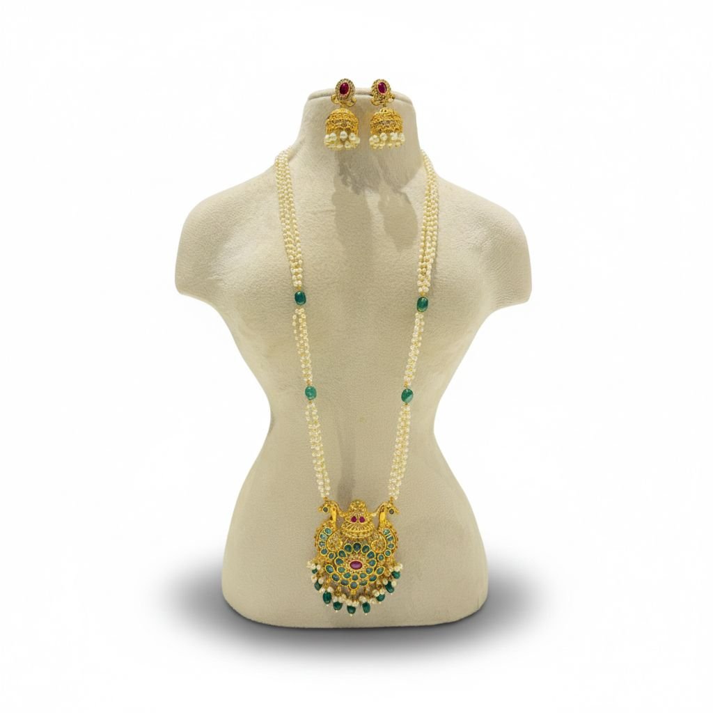 Exquisite White Pearl Mala Long floral Green Stone Necklace
