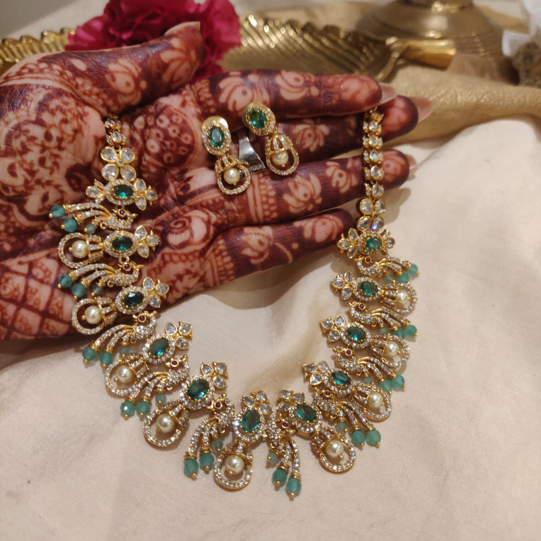 Delicate Peacock Mint AD Stone Necklace
