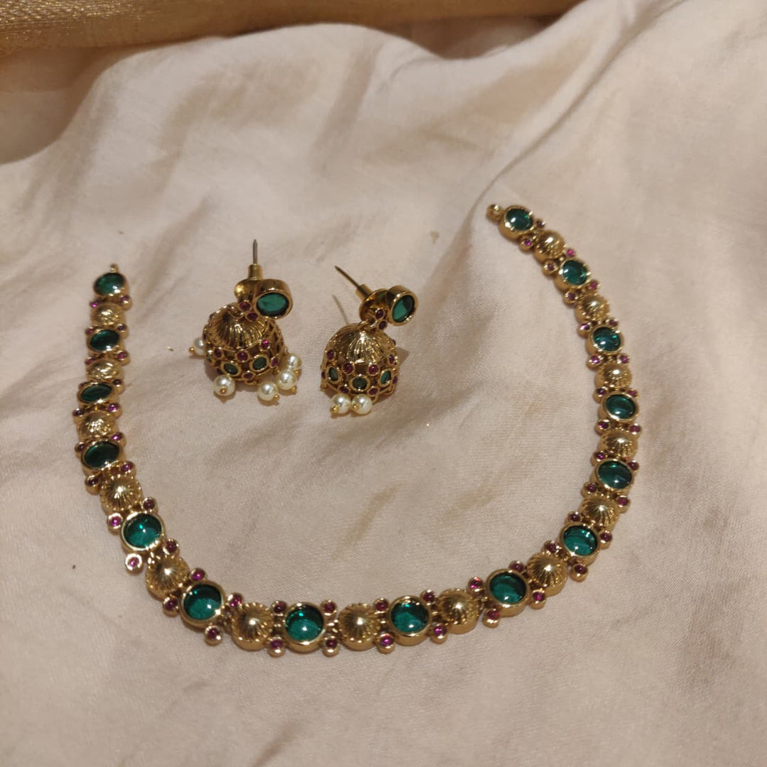 Iconic Green AD Stone Golden Short Necklace