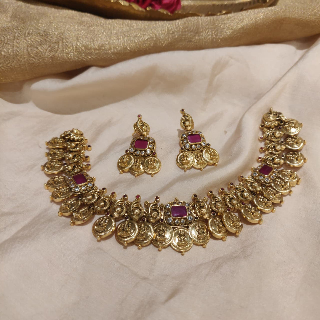 Radiant Lakshmi Golden Coin Necklace with Ruby AD Stone