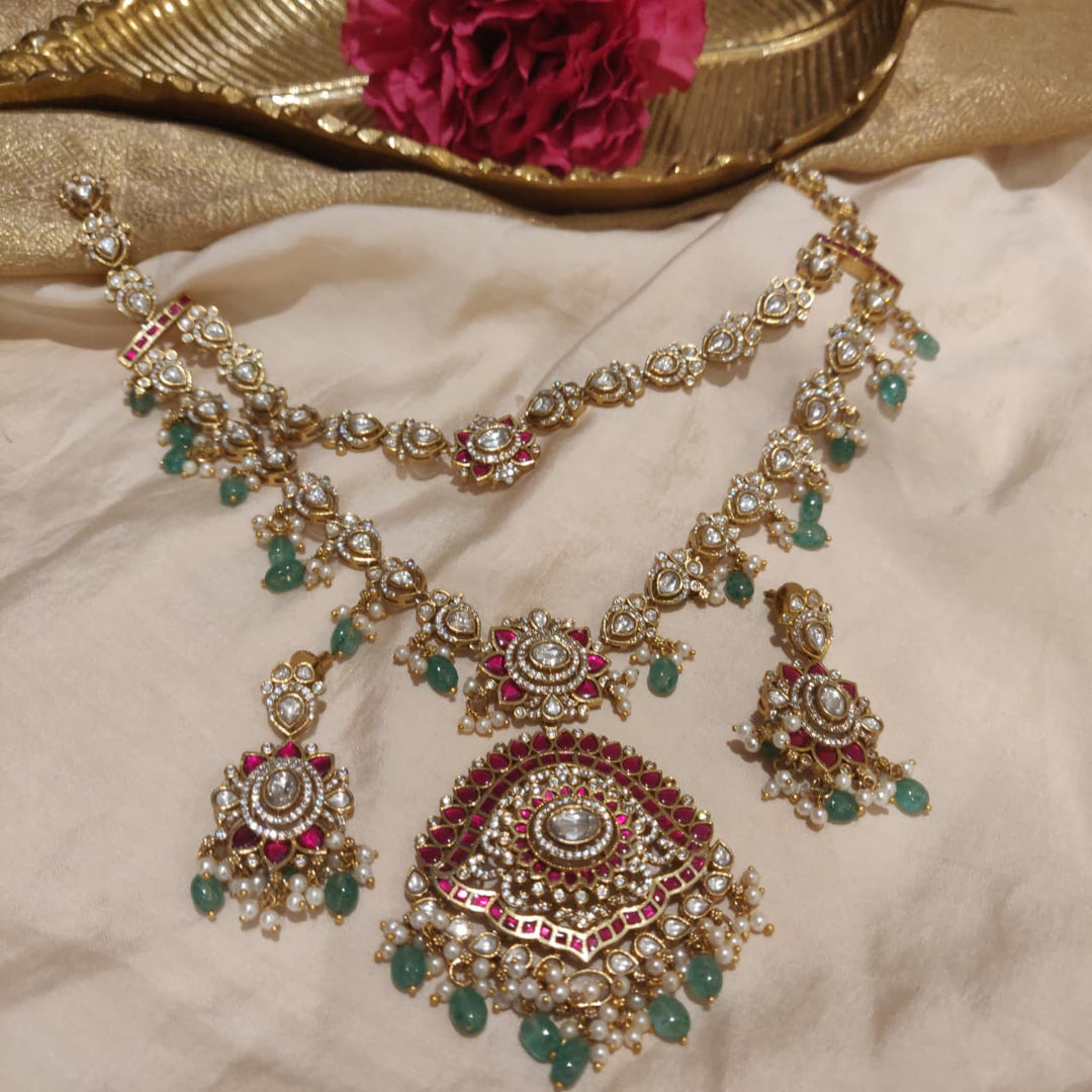 Captivating Jadau Stone 2 Layer Floral Necklace with Green Beads