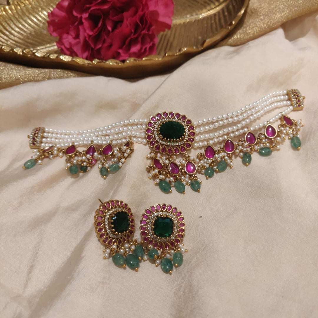 Whimisical Pearls Layer Green AD Stone Choker with Droplet Ruby AD Stone