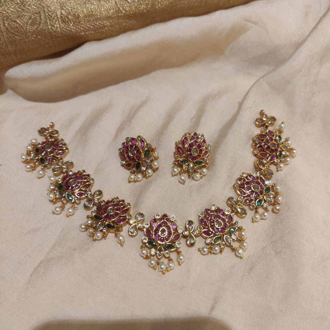 Alluring AD Stone Lotus Pearls Necklace