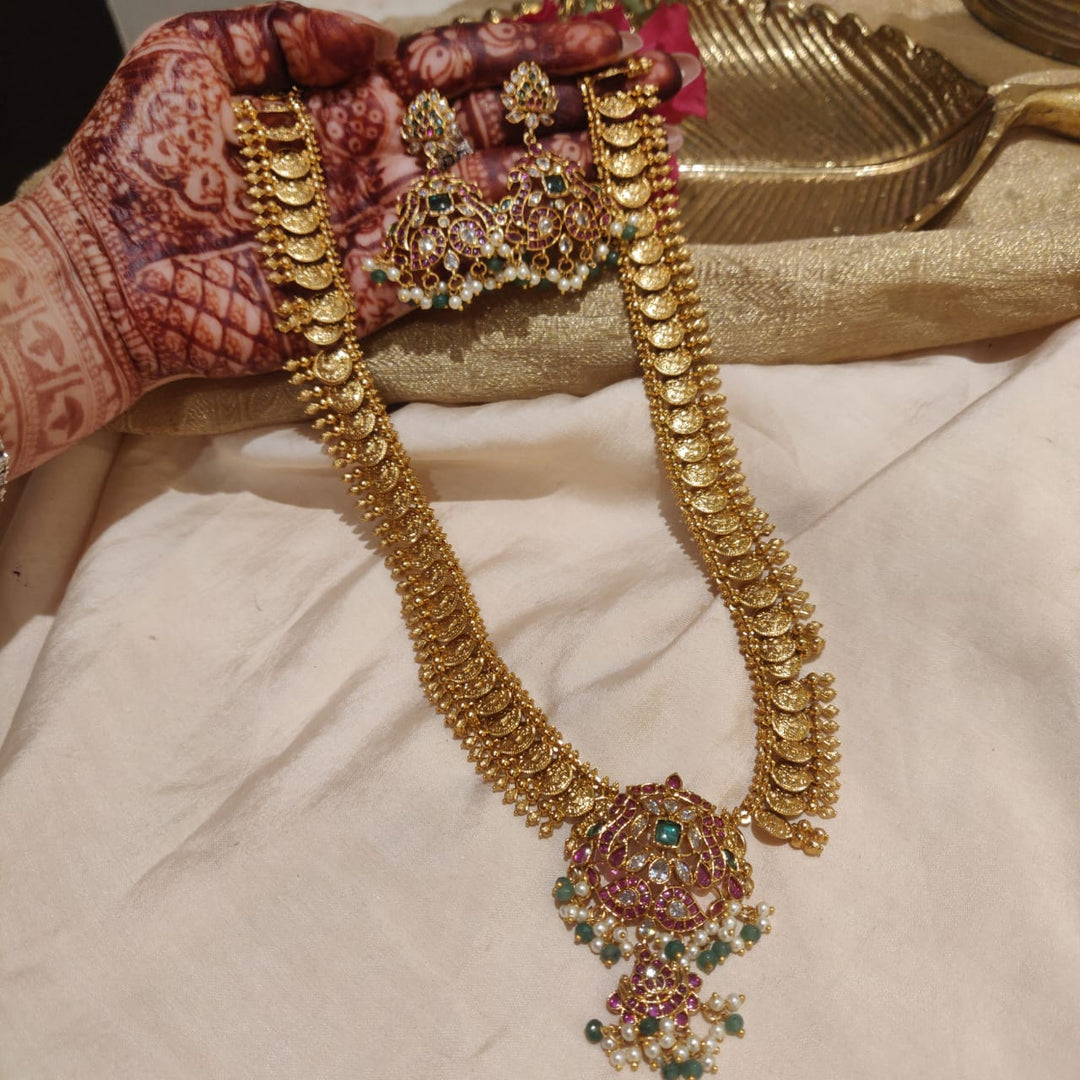 Refined Nakshi Golden Coin Long Necklace with Ruby AD Stone Pendant