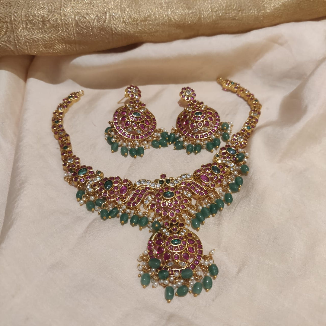 Elegant Floral Ruby AD Stone Green Beads Necklace