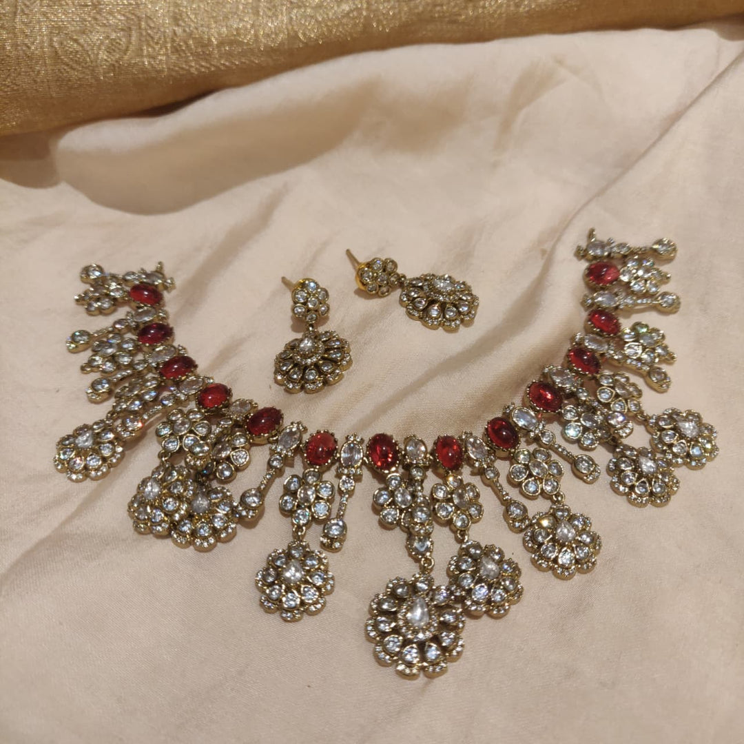 Posh Red AD Stone Floral Dropet Necklace