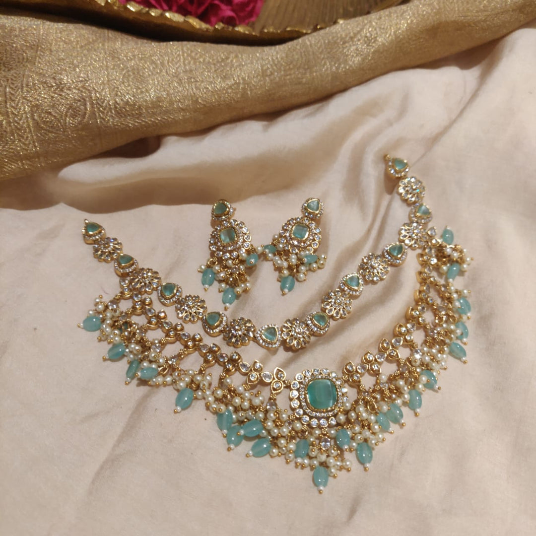 Regal Mint AD Stone Floral 2 Layer Necklace