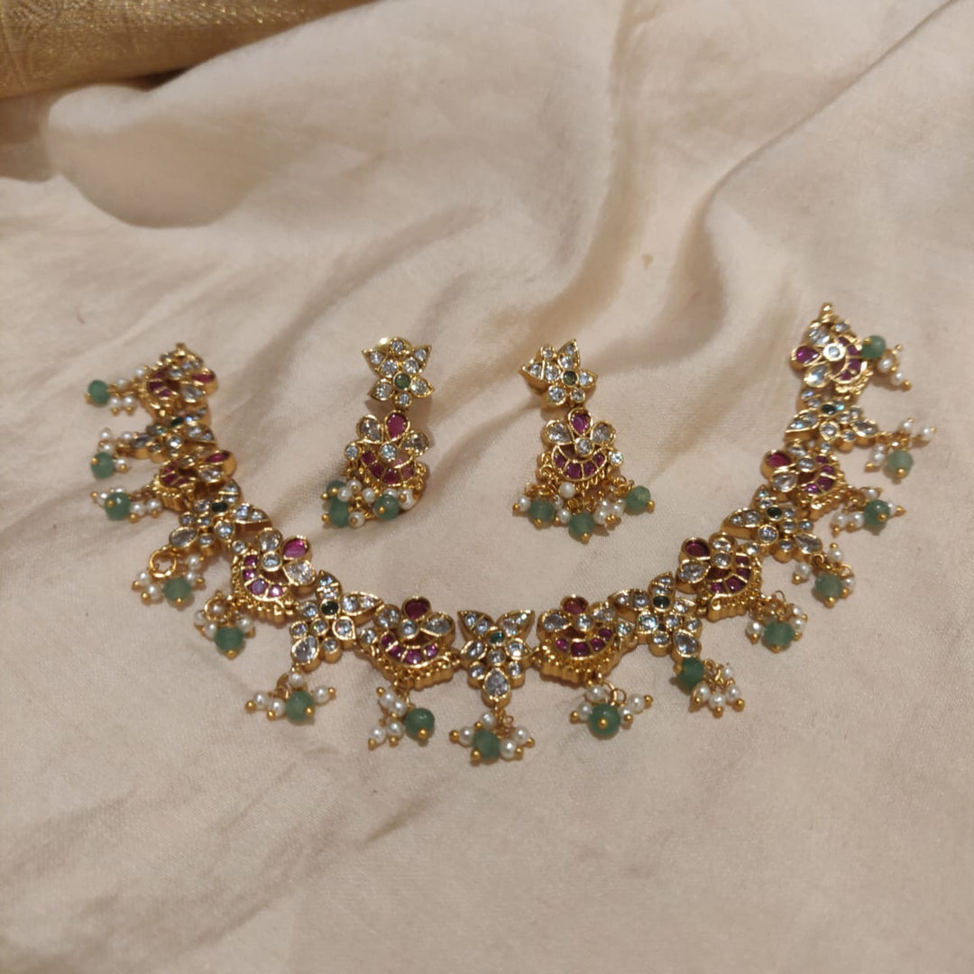 Grand Floral AD Ruby Stone Necklace