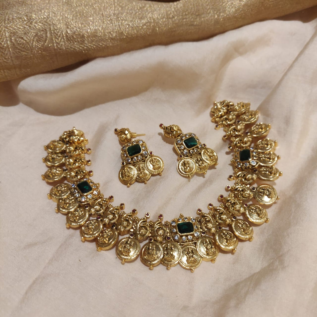 Radiant Lakshmi Golden Coin Necklace with Green AD Stone