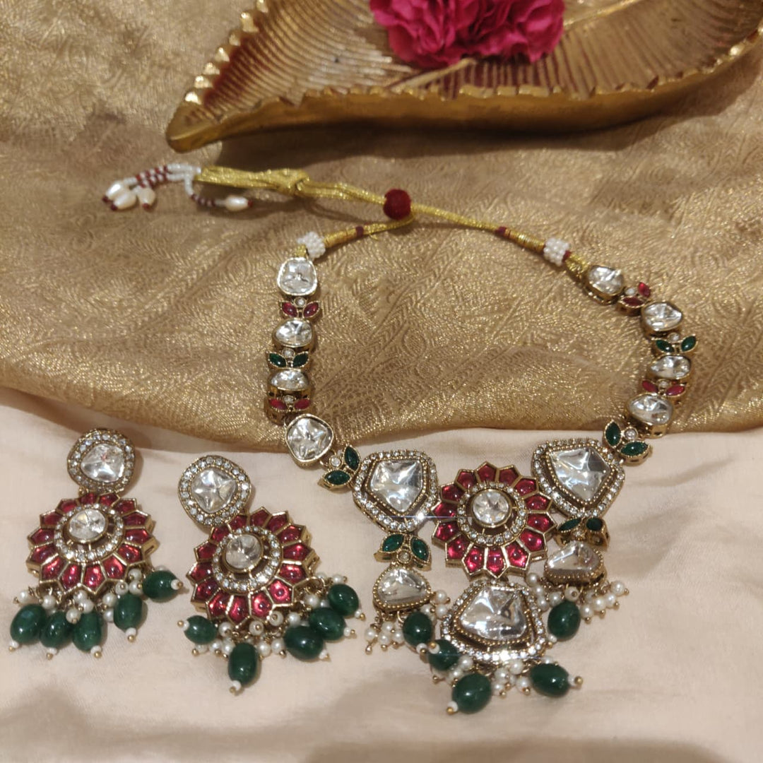 Elegant Floral Ruby Stone Necklace with Green Beads