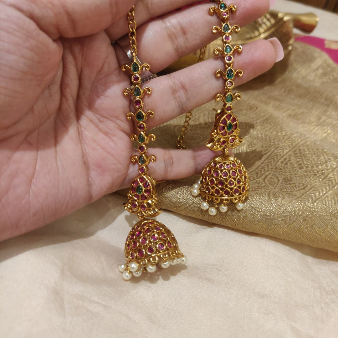 Opulent Ruby Green AD Stone Droplet Jhumka with White Beads