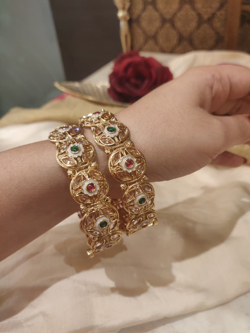 Radiant green ruby stone kada set of 2