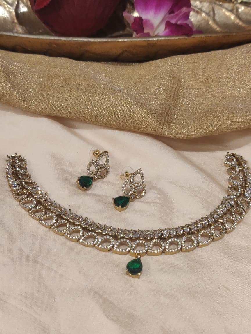 Radiant Crystal AD Stone Choker With Green Stone