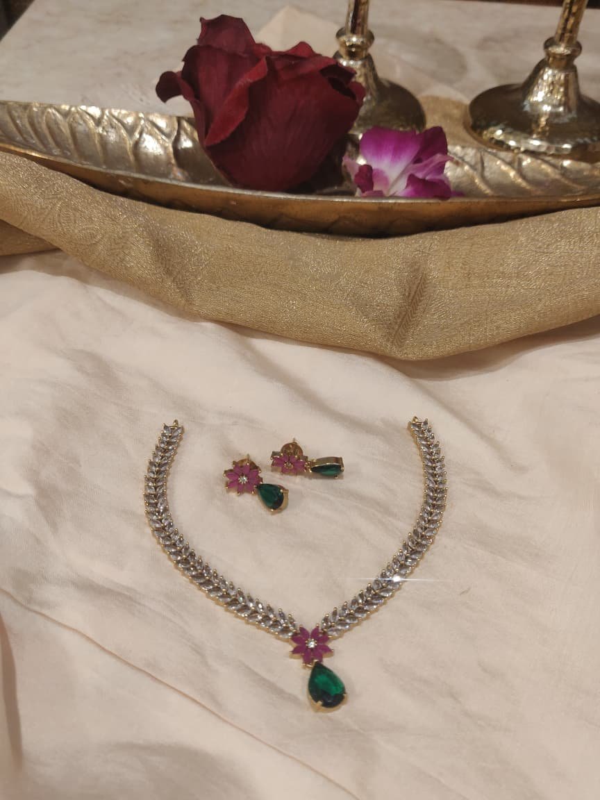 Timeless Crytsal AD Floral Ruby Green Stone Necklace