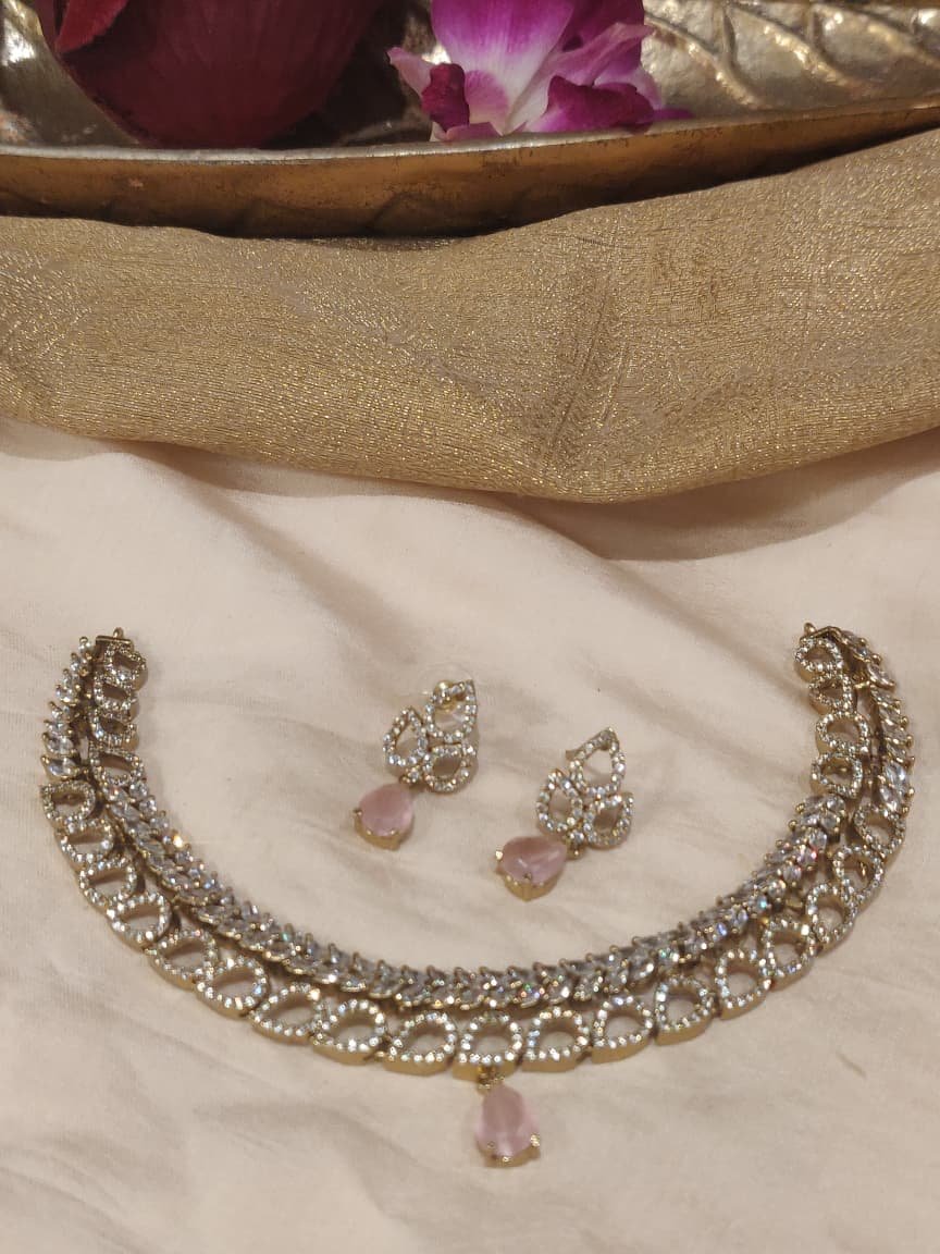 Radiant Crystal AD Stone Choker With Pink Stone