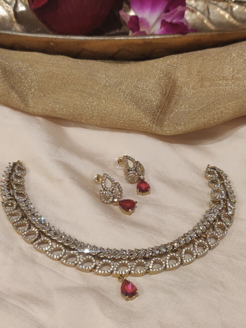 Radiant Crystal AD Stone Choker With Ruby Stone