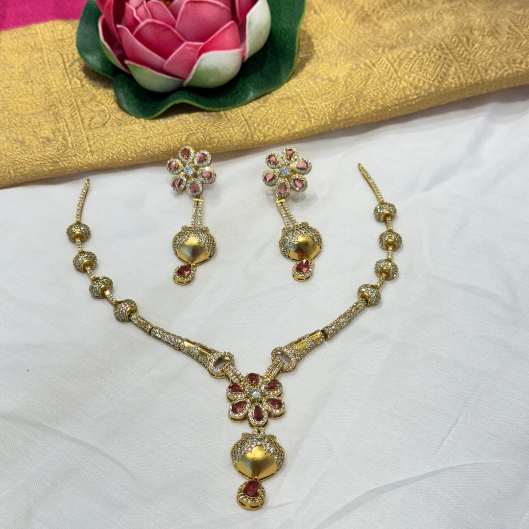 Regal golden floral  deign with ruby  and ad stone choker necklace