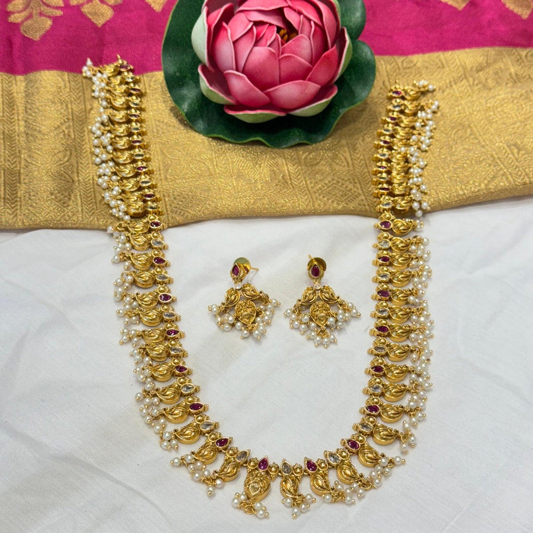 Majestic golden  ruby and crystal with perals necklace