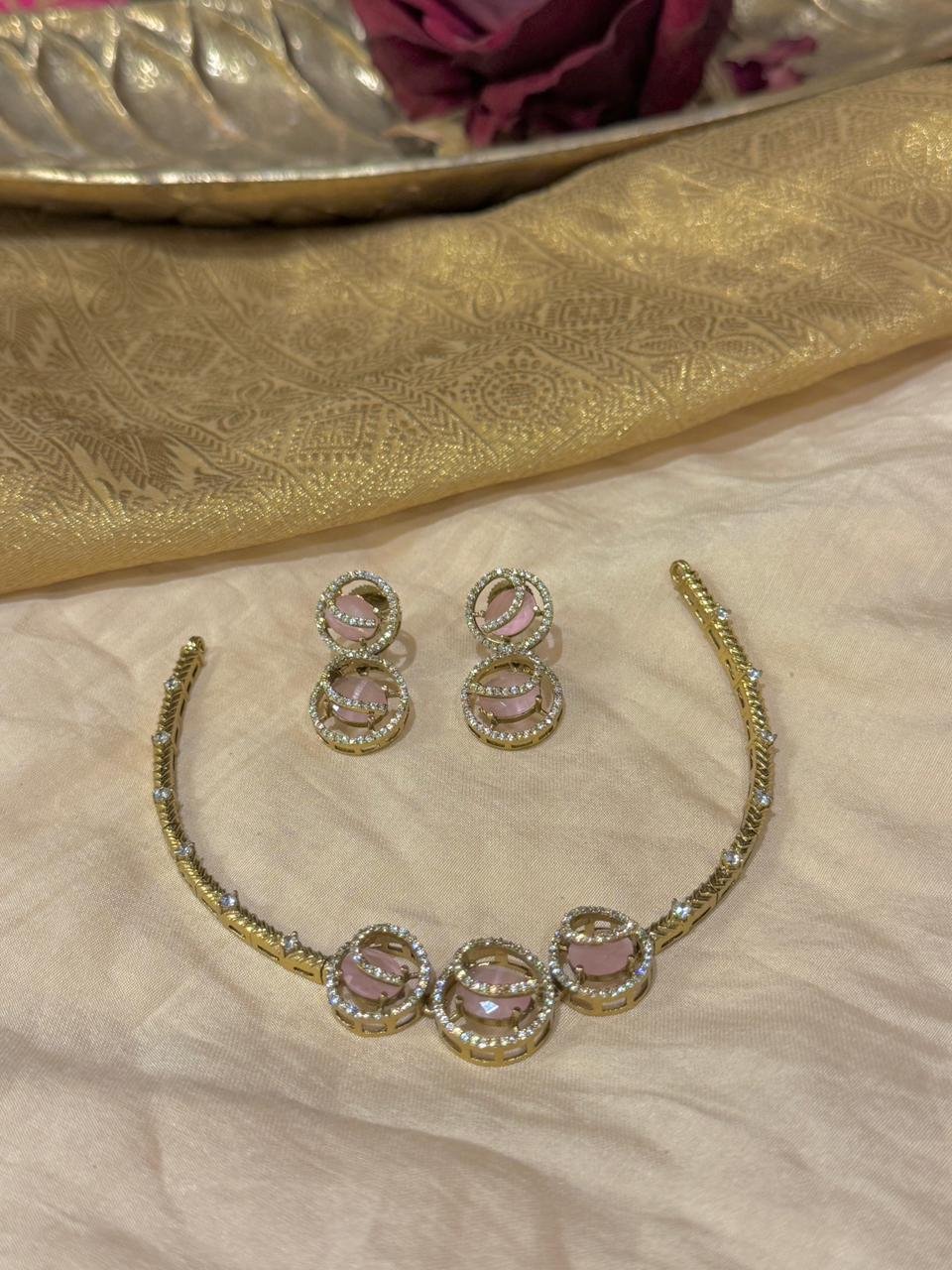 Grand Golden Pipe Necklace with Pink AD Stone