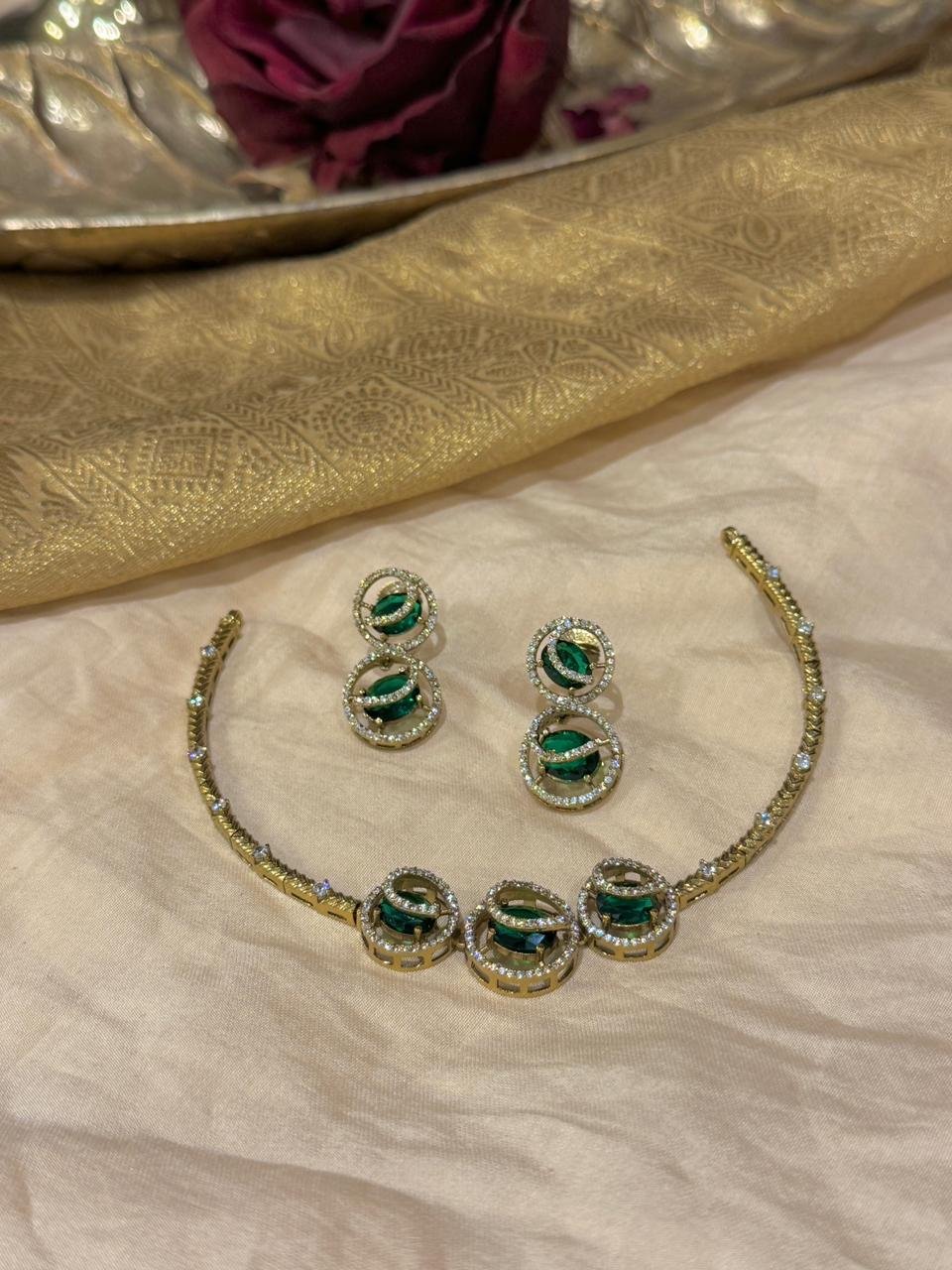 Unique Golden Pipe Necklace with Green AD Stone