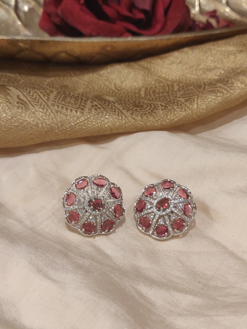 Graceful  CZ REd Stone Floral Earrings