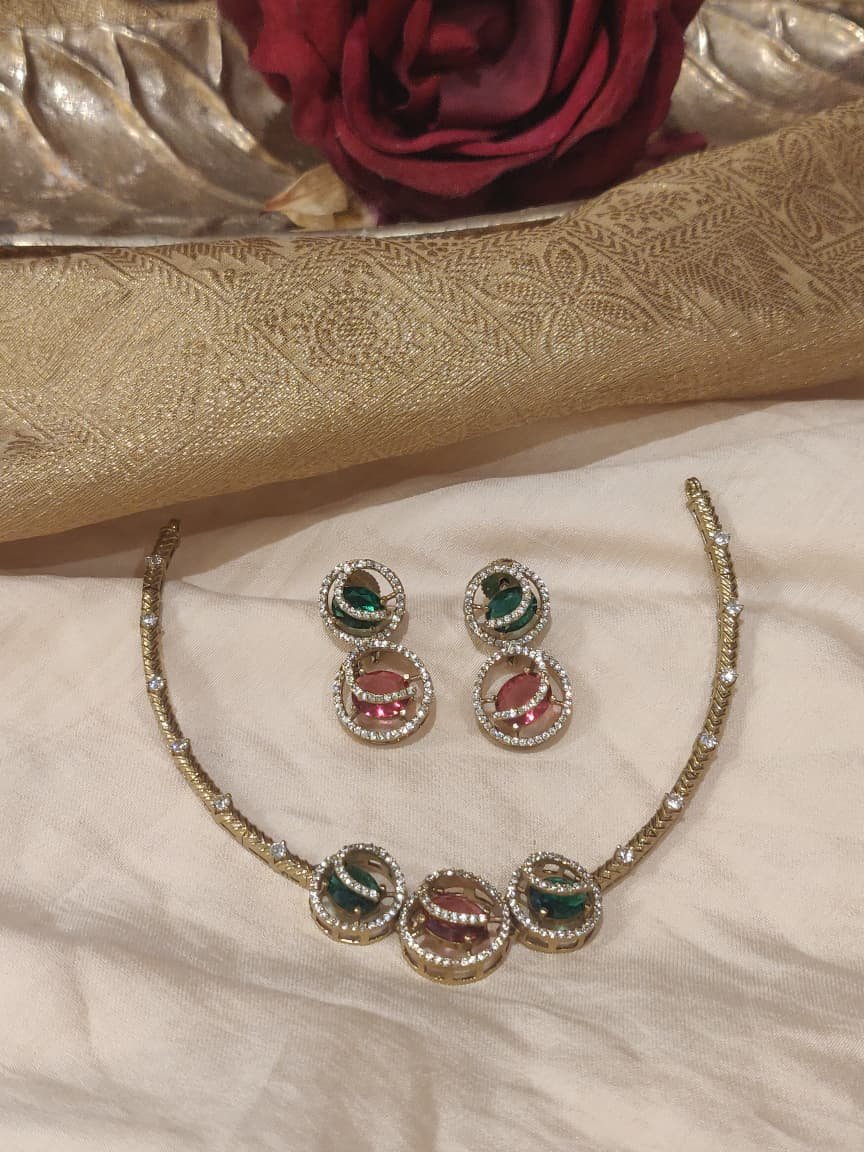 Unique Golden Pipe Necklace with Ruby Green AD Stone