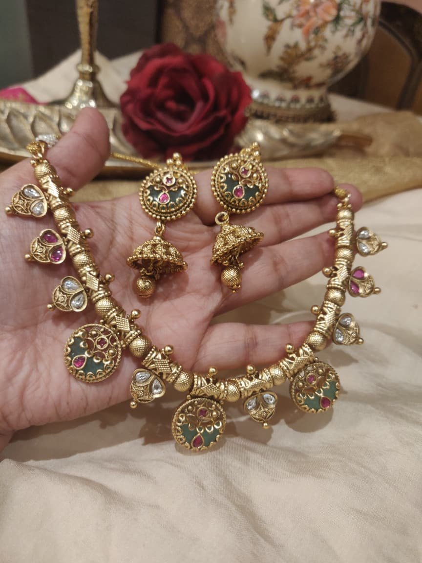 Refined Red Green Stone Bridal Choker