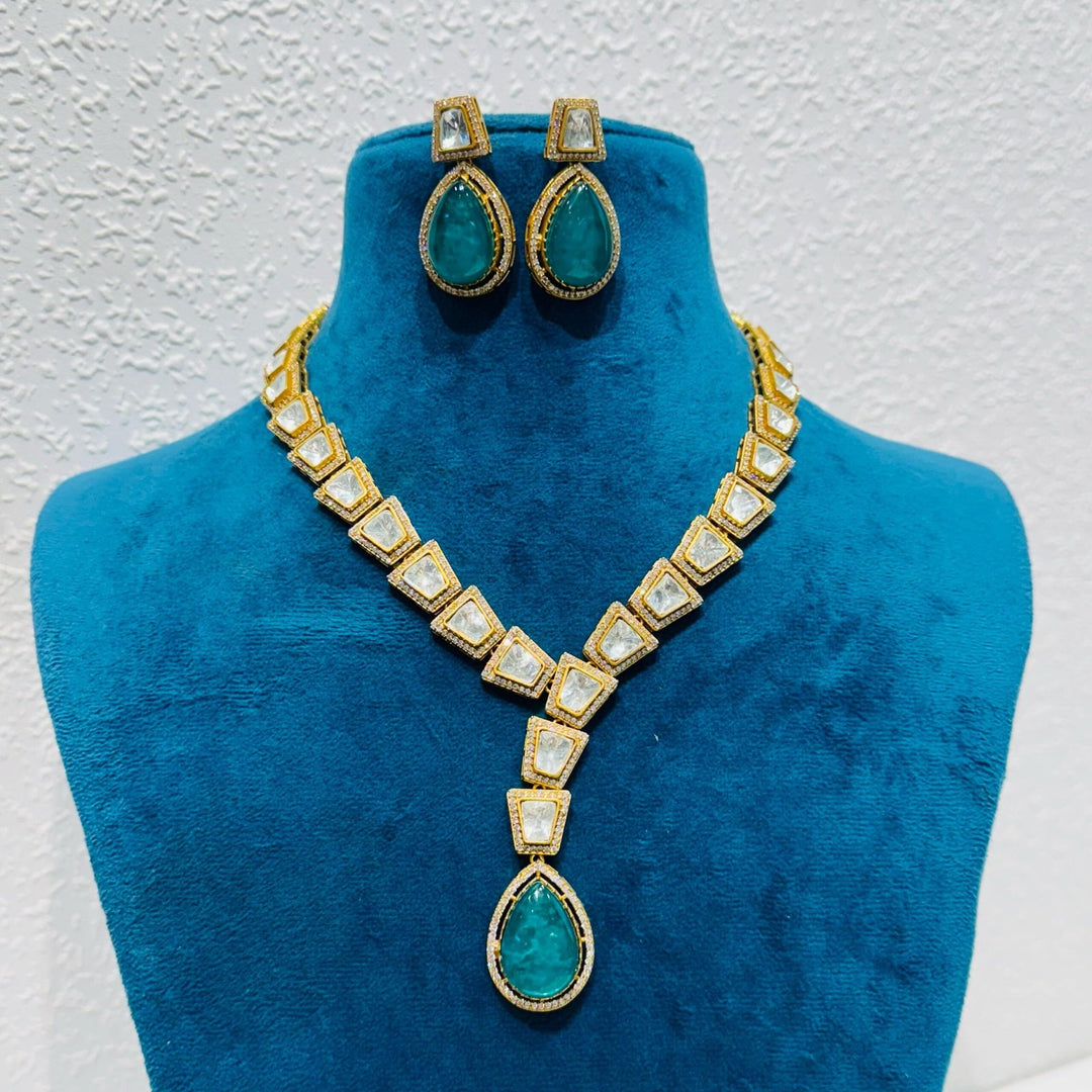 Tantalizing Ethereal blue big stone with ad stone kundan type  necklace