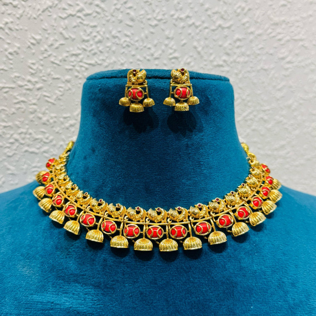 Divine Majestic peacock design  red moti golden choker  necklace