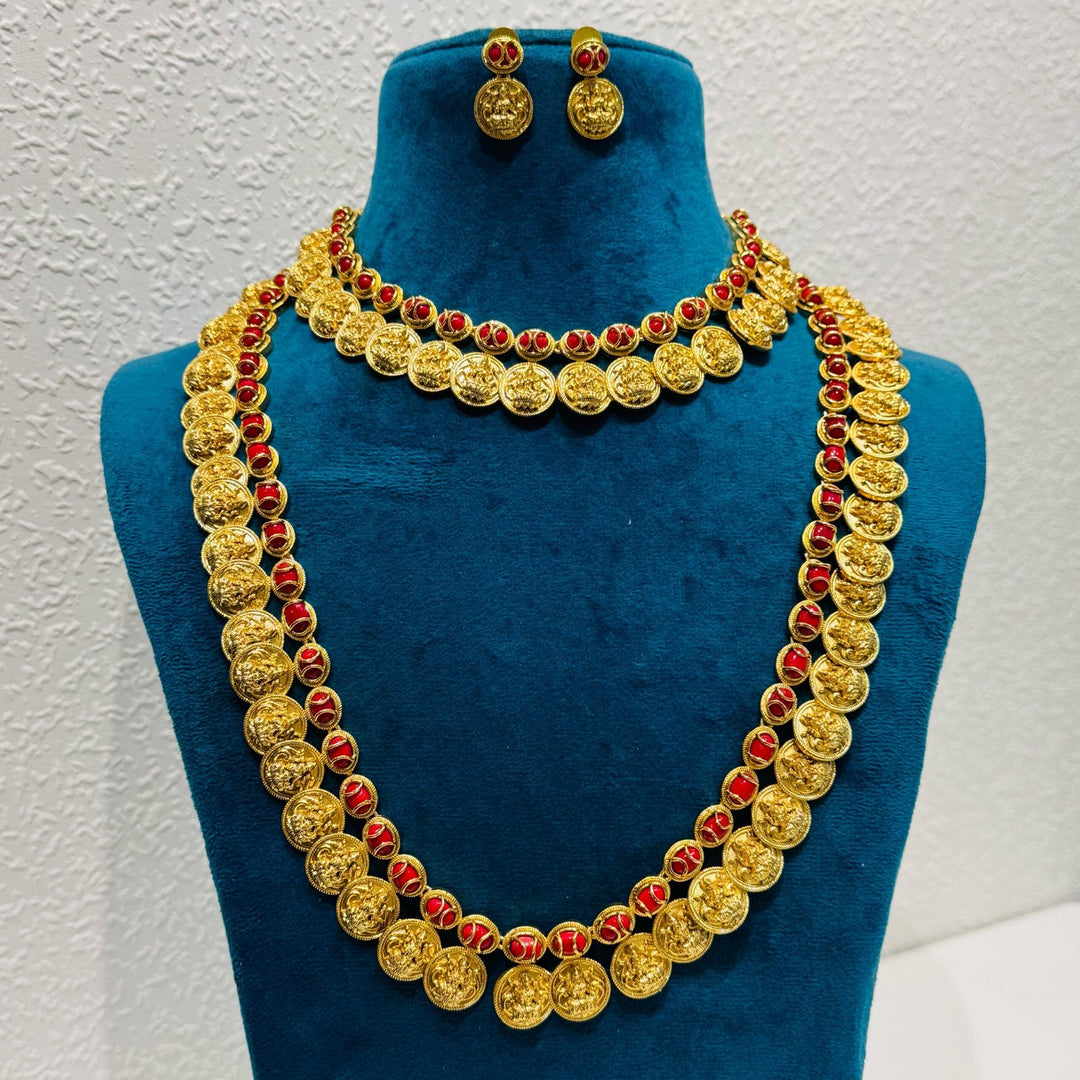 Elegant  Glamorous Majestic laxmi plated red moti golden 2 layer haar  necklace