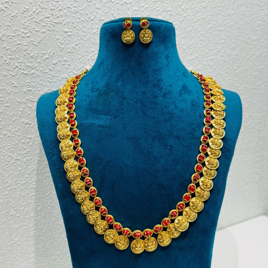 Glamorous Majestic laxmi plated red moti golden haar  necklace