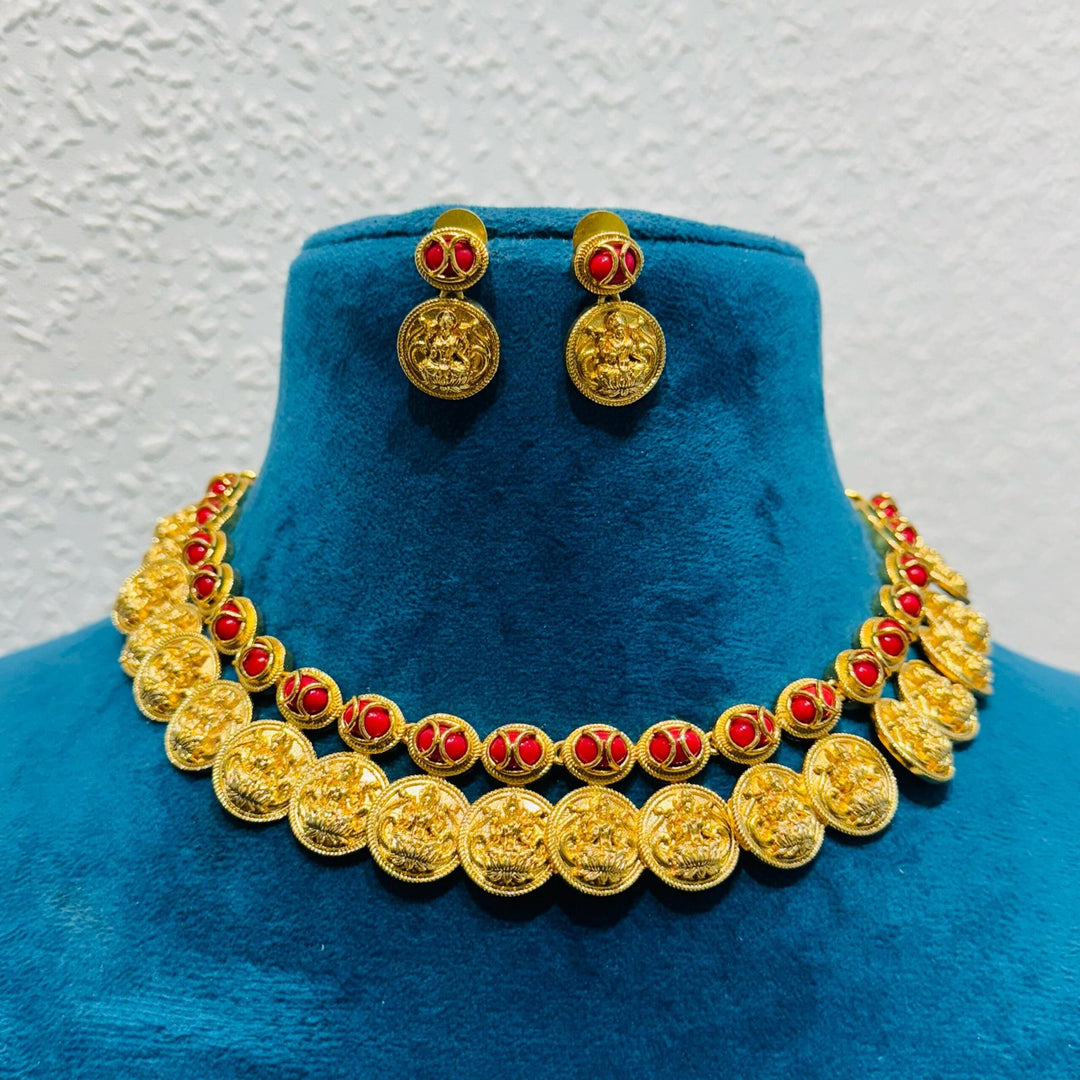 Majestic laxmi plated red moti golden choker  necklace
