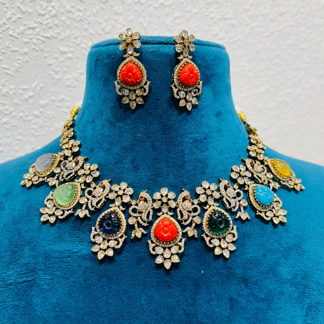 Sparkling multi colour stone with peacock design necklace
