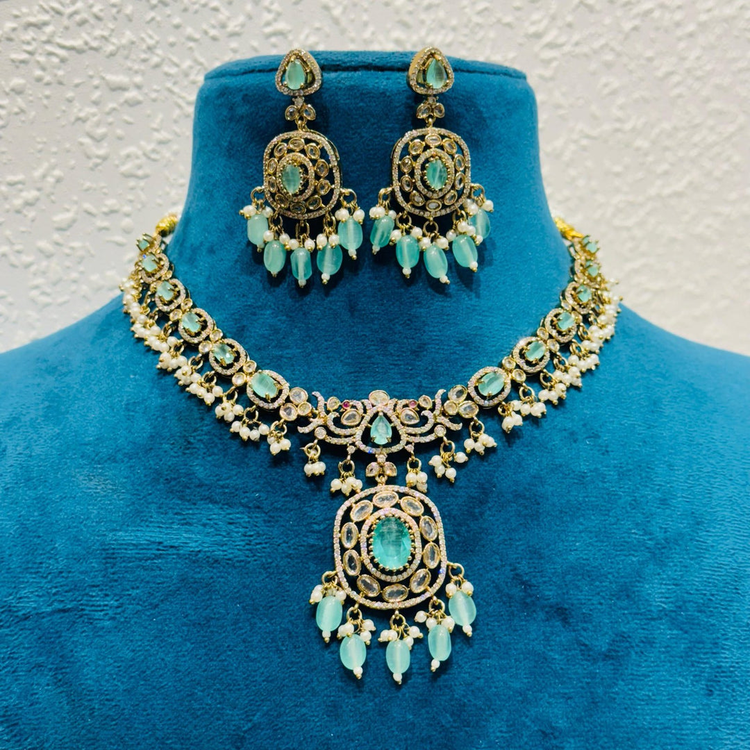 Opulent Radiant sky blue stone and beads  peacock  with pearls choker necklace