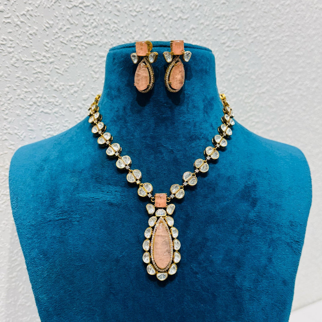 Jubilant Rare Whimsical Timeless pink rose stone with ad stone golden haar necklace