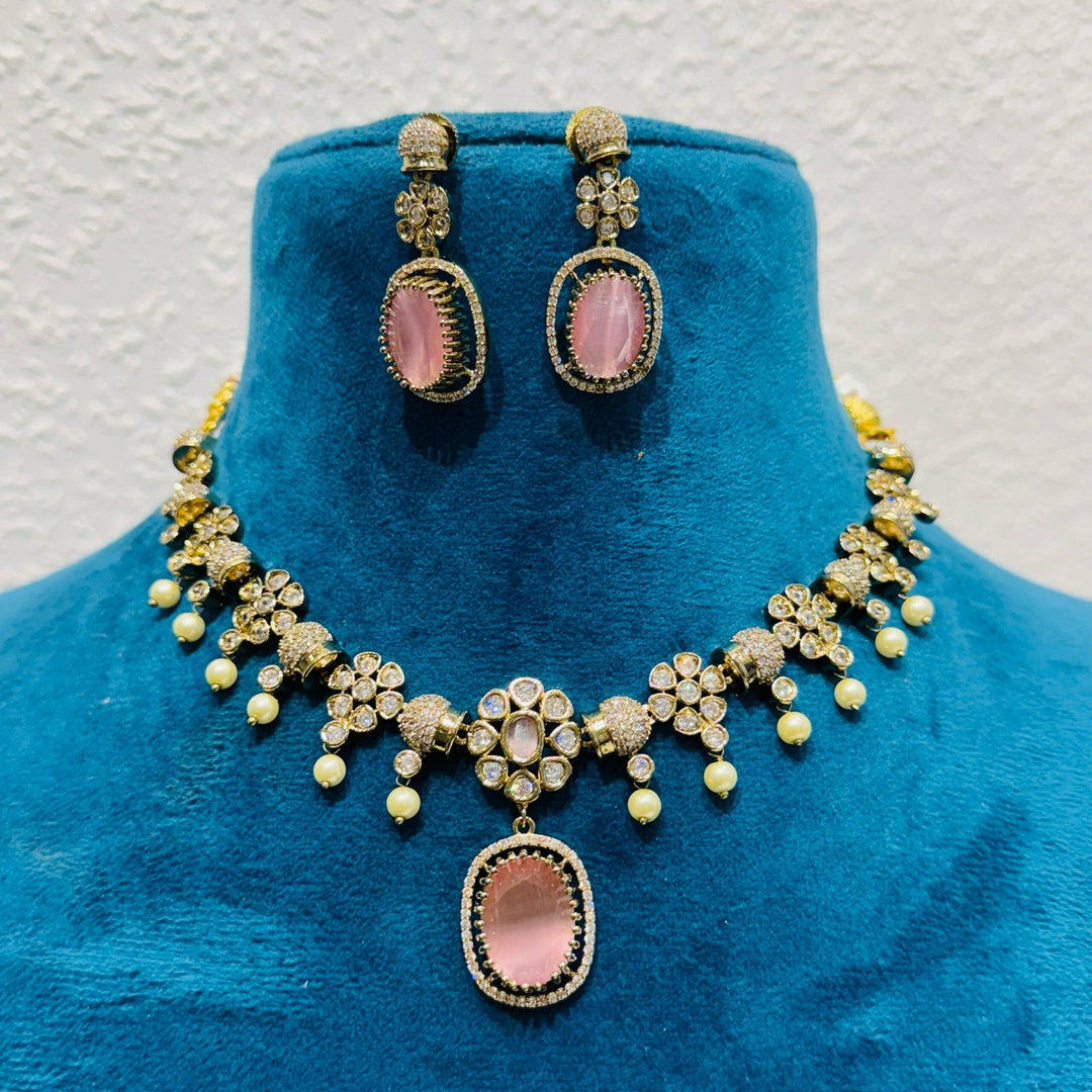 Timeless Opulent pink rose and floral design ad stone with pearls choker necklace