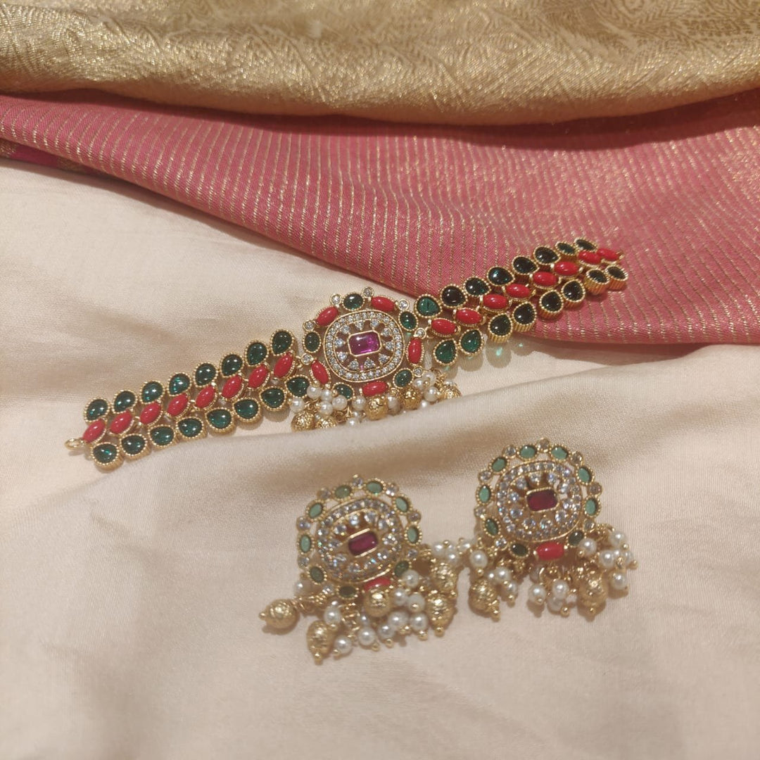 Elegant red and green moti with pearls choker necklace
