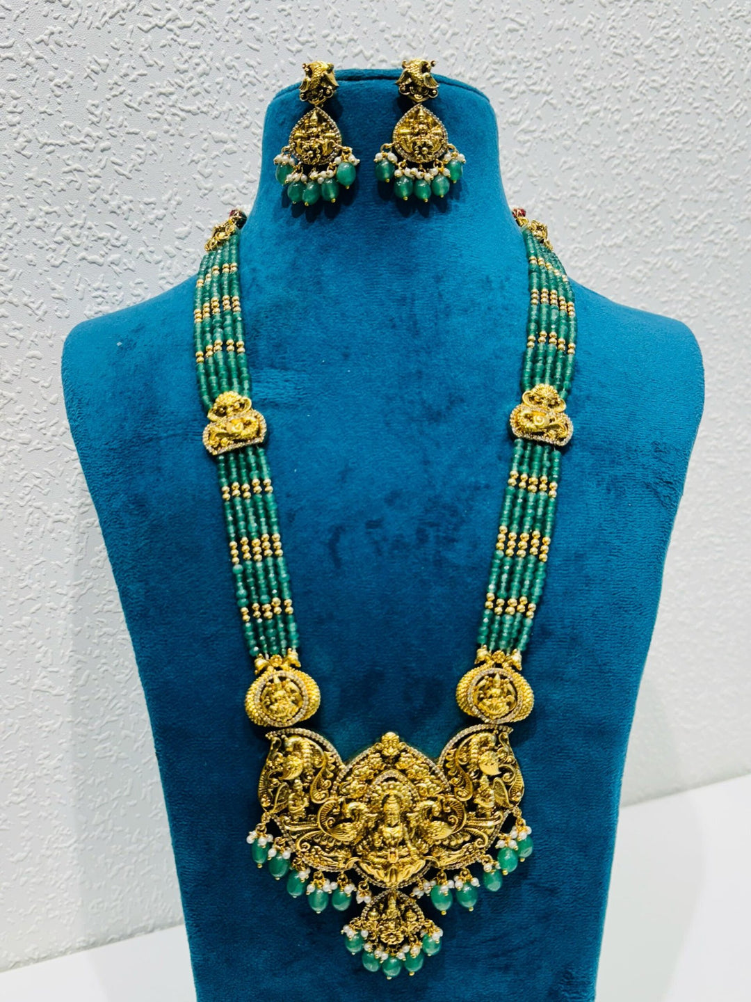 Sought laxmi pendant with green beads  bridal haar necklace