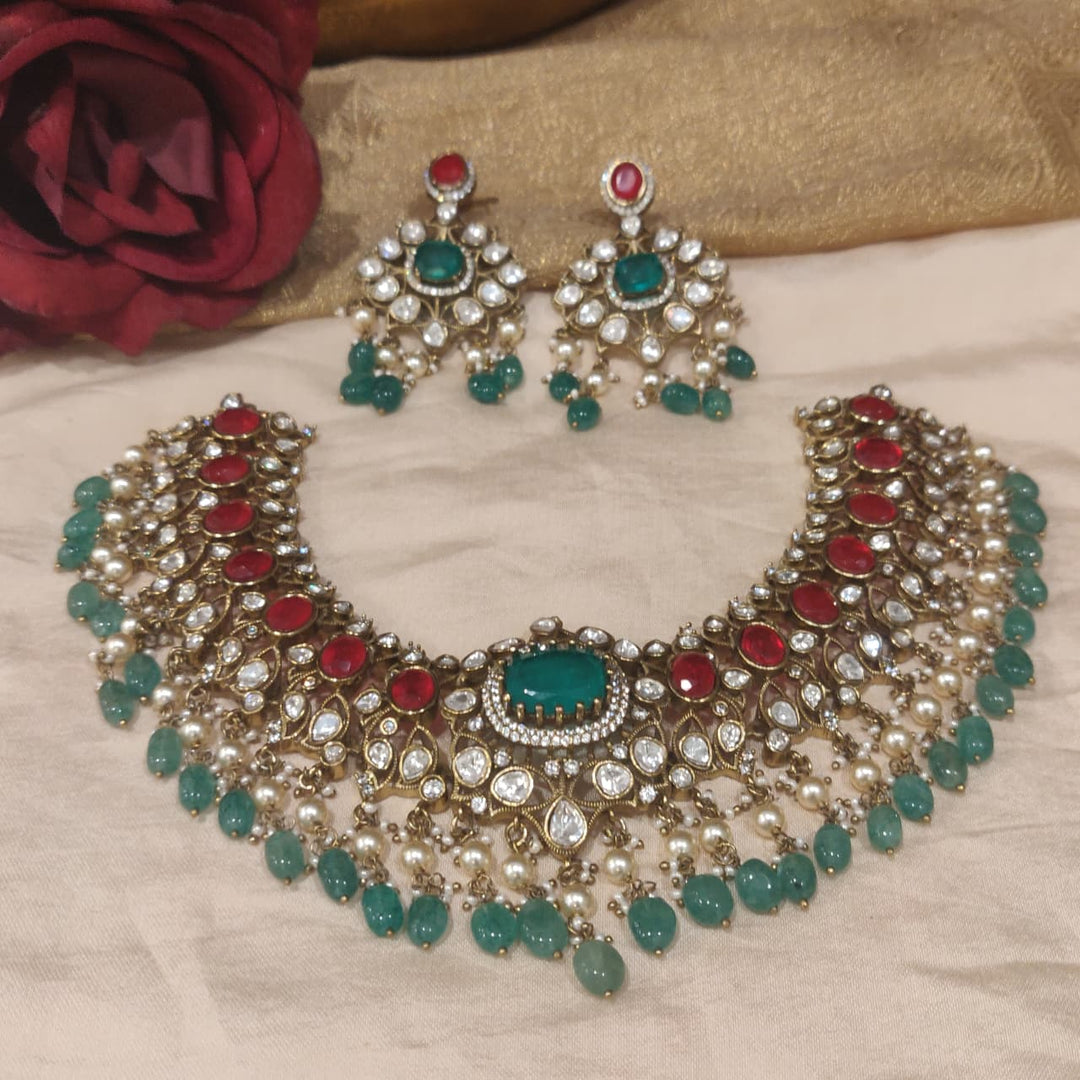 Elegant Ruby Crystal AD Stone Droplet Choker with Green Beads