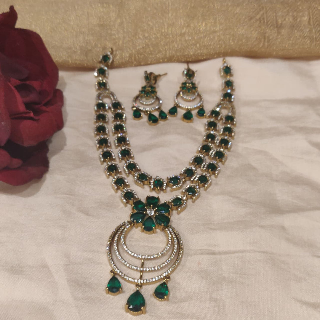 Enchanting Green AD Stone Floral 2 Layer Necklace