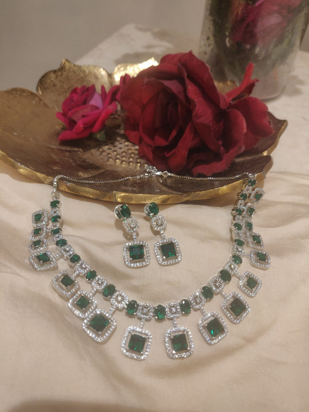 Opulent CZ Necklace With Green AD Beads