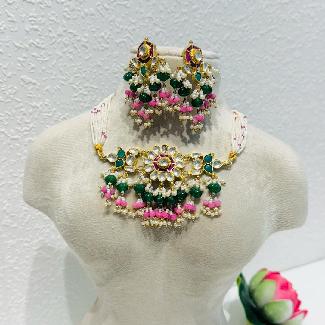 Sparkling Exquisite sunny design with pearls and green beads and pink moti choker haar necklace
