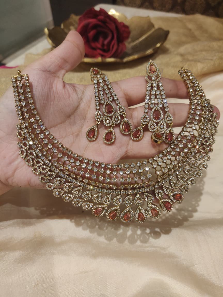 Radiant Droplet Crystal AD Stone Choker With Ruby Stone