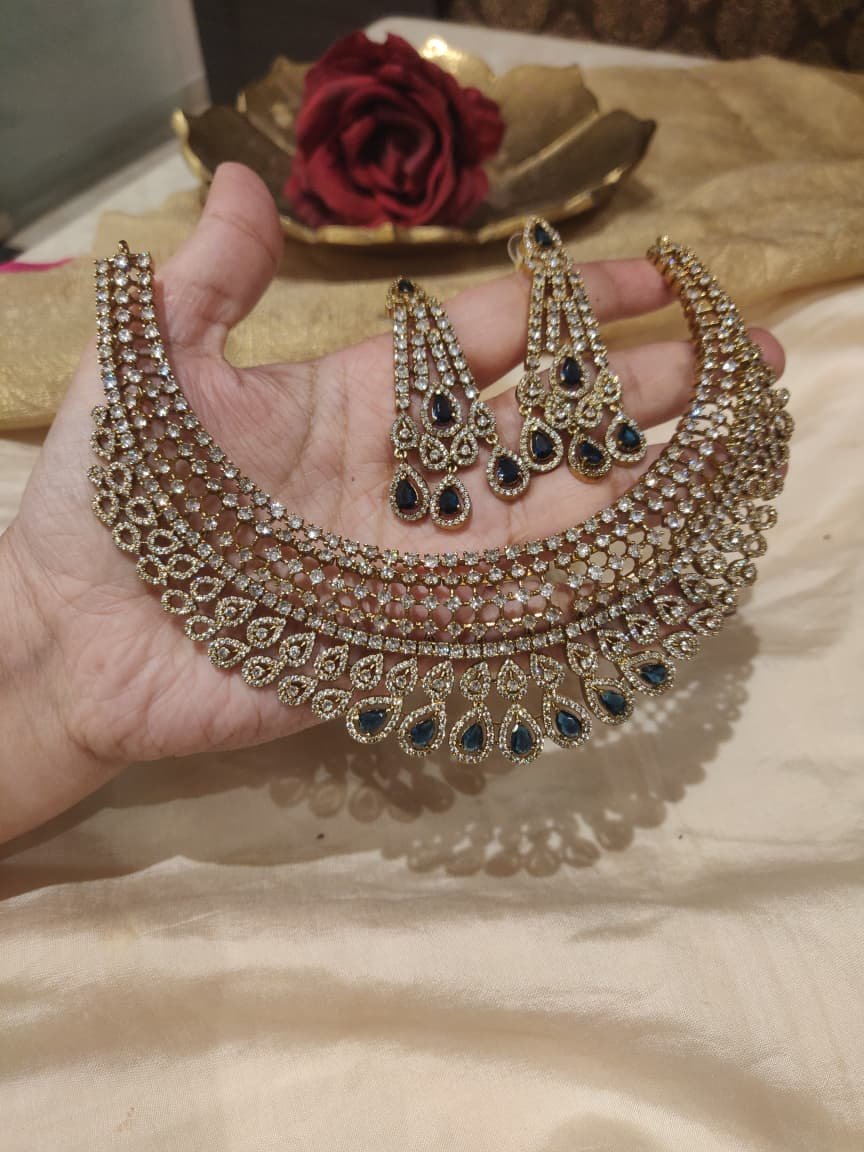 Radiant Droplet Crystal AD Stone Choker With Blue Stone