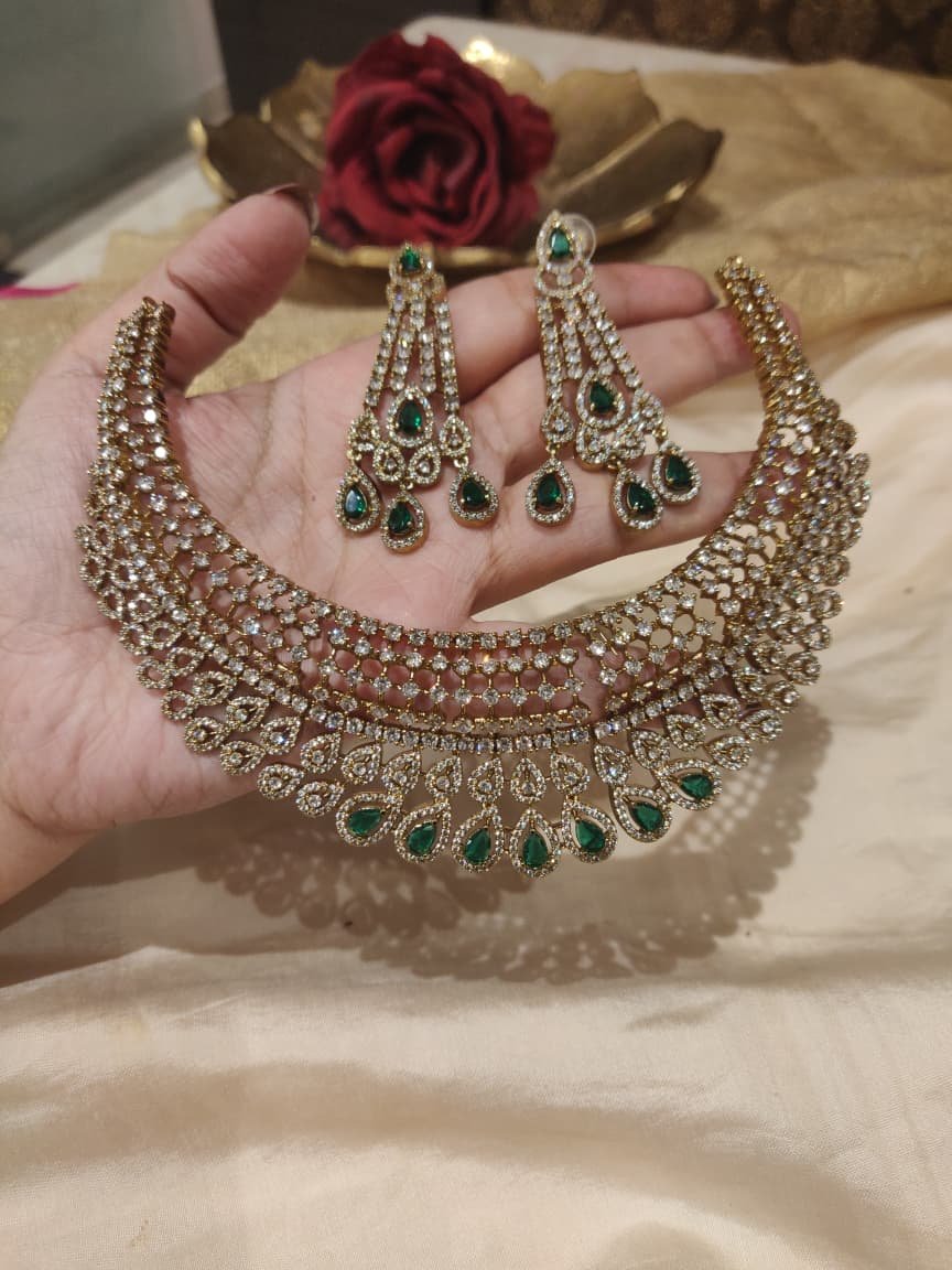Radiant Droplet Crystal AD Stone Choker With Green Stone